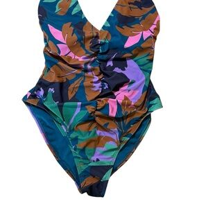 Shade & Shore One Piece Green and‎ Pink Swimsuit with Plunging V-neckline